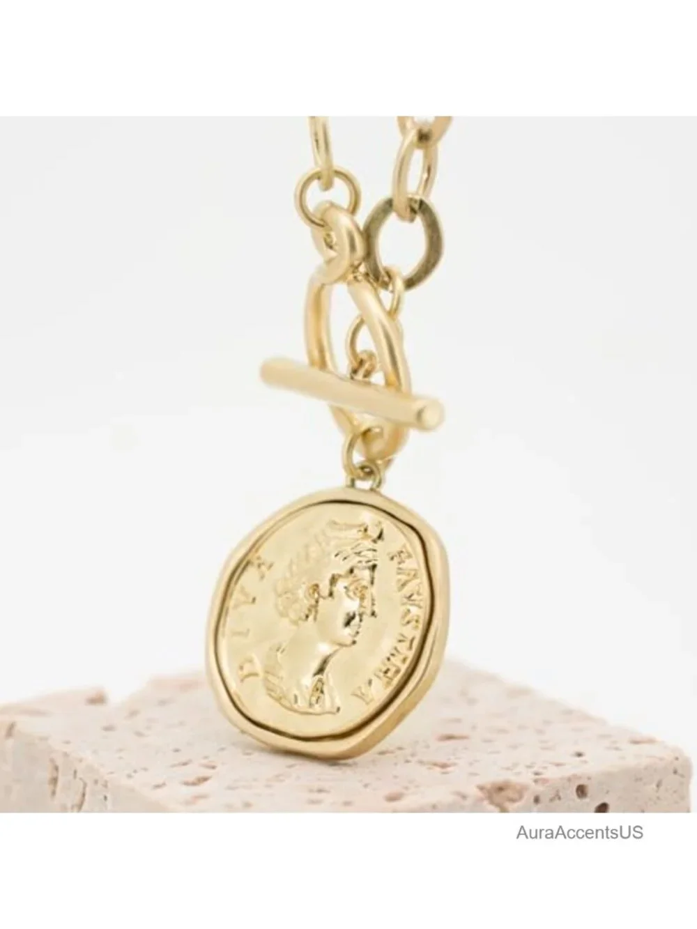 18K Gold Plated Chunky Coin Necklace Vintage Toggle Chain 18 Inch Statement